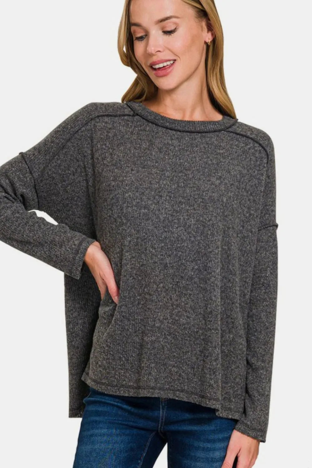 Zenana Full Size Exposed Seam Brushed Round Neck Sweater Black
