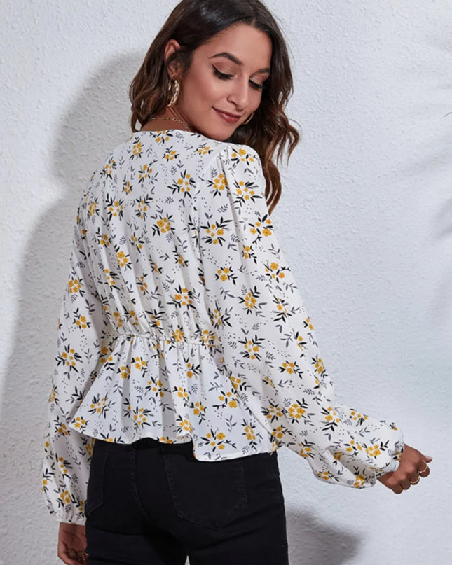 Floral V-Neck Balloon Sleeve Peplum Blouse