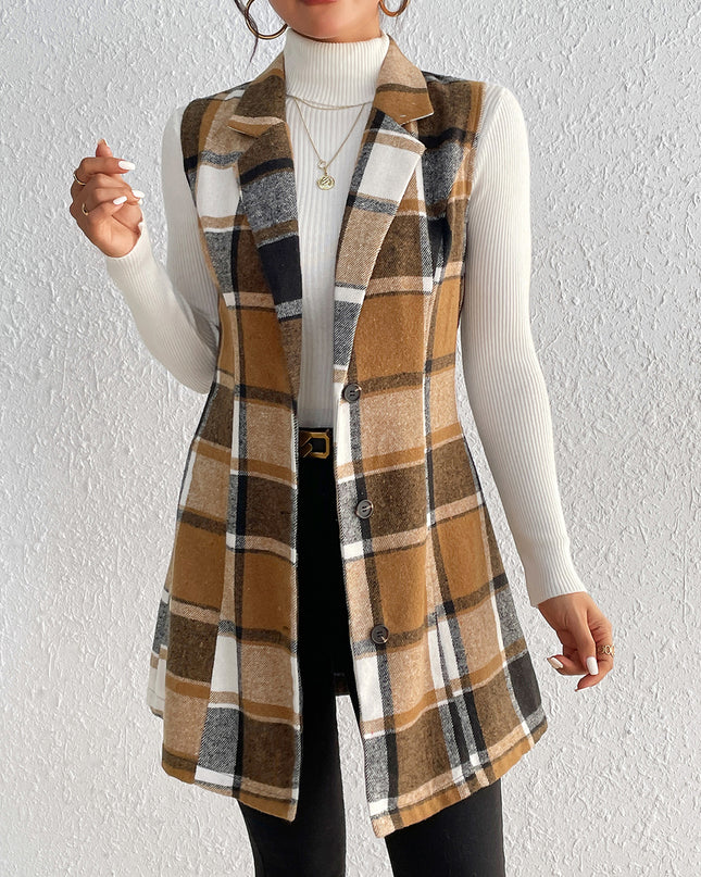 Honey Plaid Lapel Collar Vest