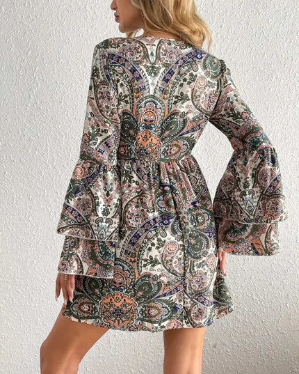 Paisley Print Bell Sleeve Mini Dress