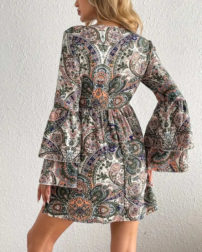 Paisley Print Bell Sleeve Mini Dress