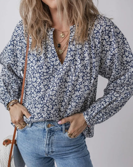 Floral Print Notched Long Sleeve Blouse