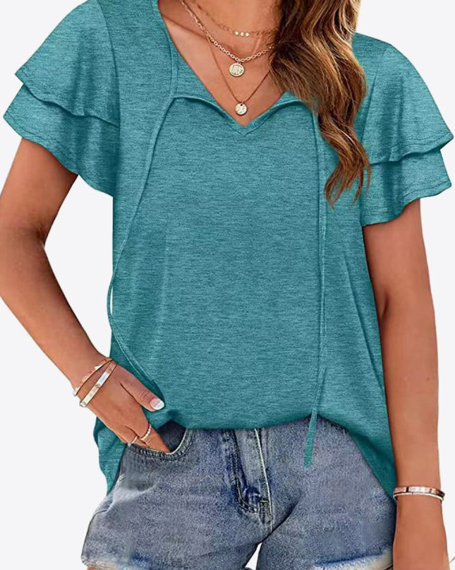 Tie-Neck Layered Flutter Sleeve Blouse Air Force Blue