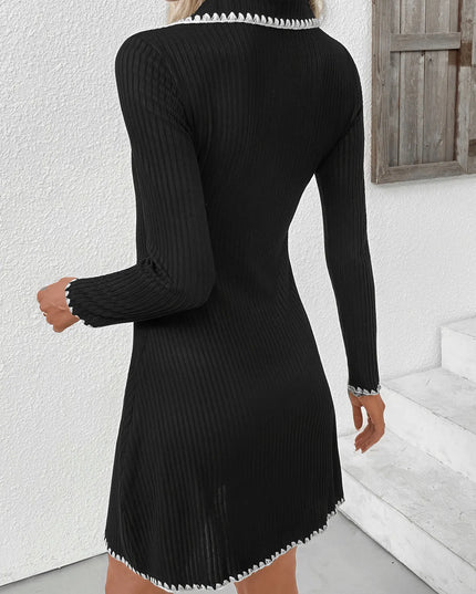 Contrast Trim Texture Long Sleeve Sweater Dress