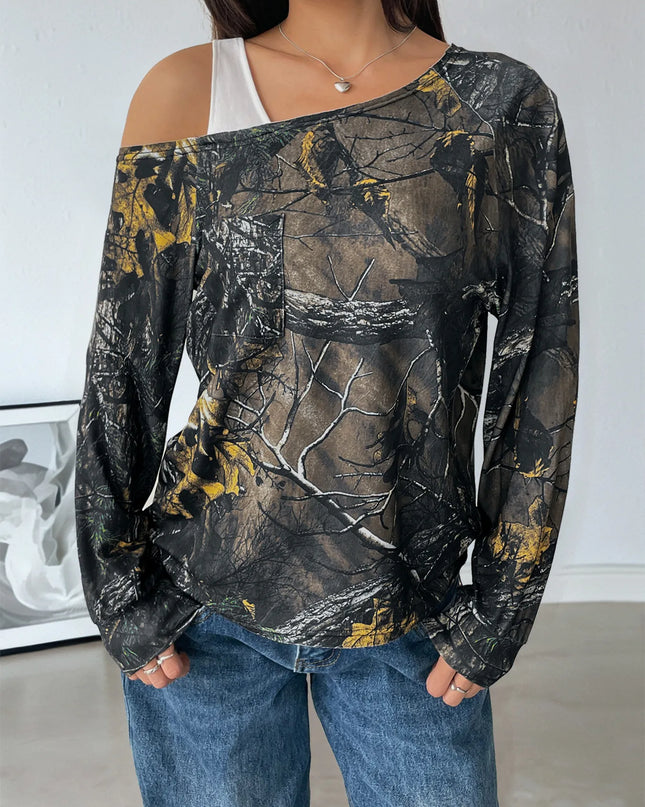 Asymmetrical Neck Printed Long Sleeve Top Army Green