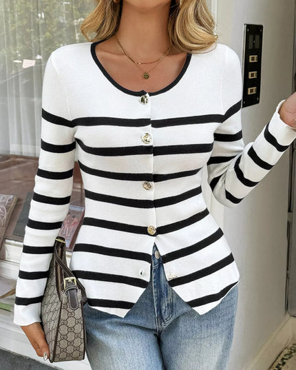 Striped Button-Up Knit Cardigan White