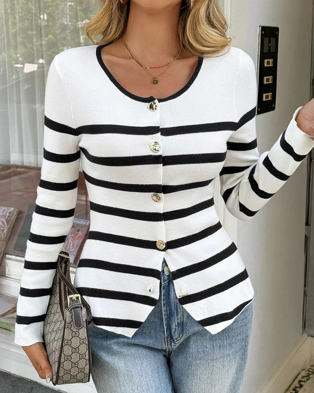 Striped Button-Up Knit Cardigan White