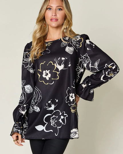 Double Take Full Size Printed Flounce Sleeve Blouse Black