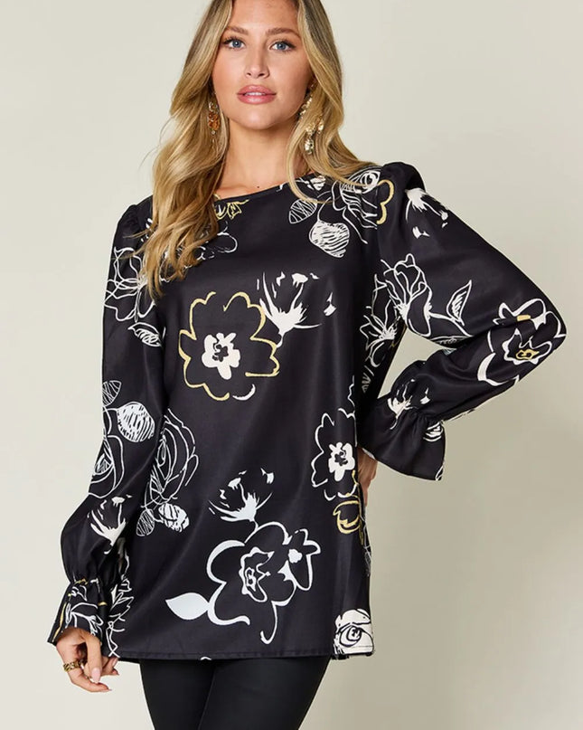 Double Take Full Size Printed Flounce Sleeve Blouse Black