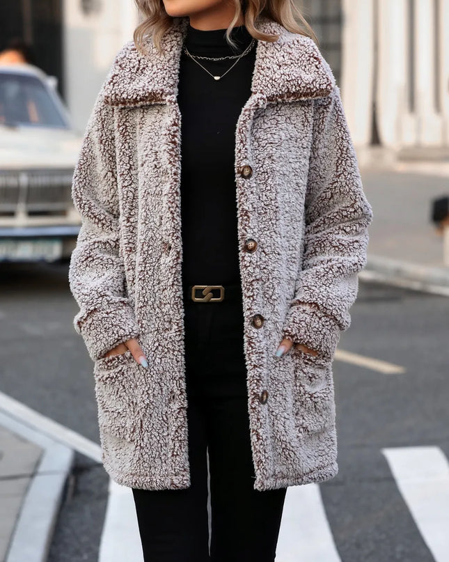 Pocketed Collared Neck Long Sleeve Plush Jacket Taupe