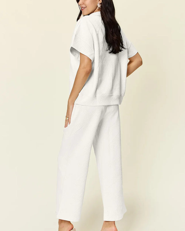 Double Take Full Size Texture Half Zip Short Sleeve Top and Pants Set