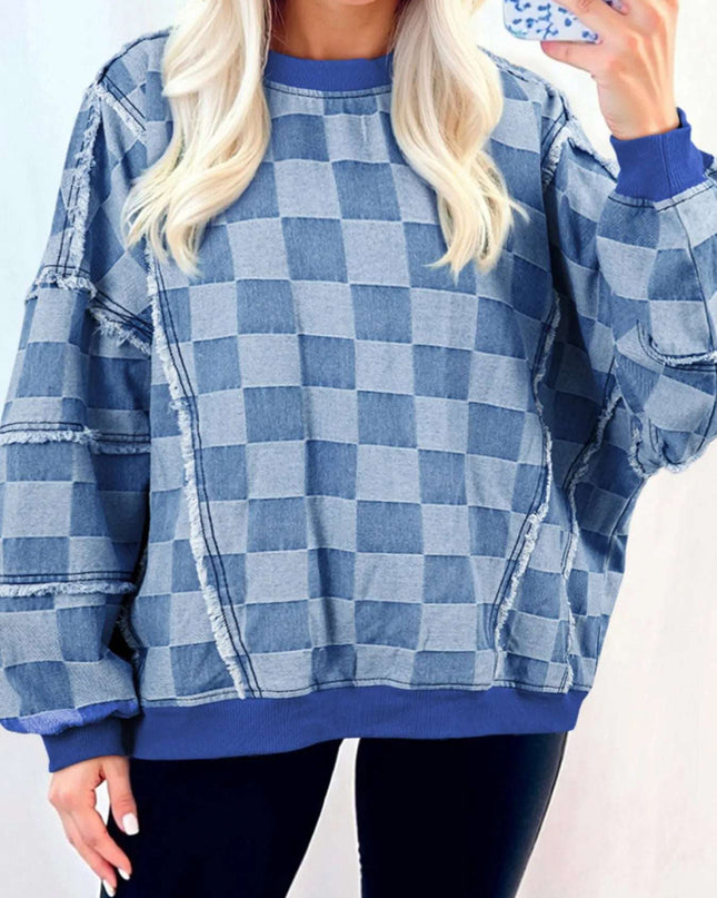 Checkerboard Splicing Raw Detail Oversized Denim Top Dusty Blue
