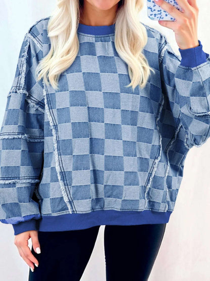 Checkerboard Splicing Raw Detail Oversized Denim Top Dusty Blue