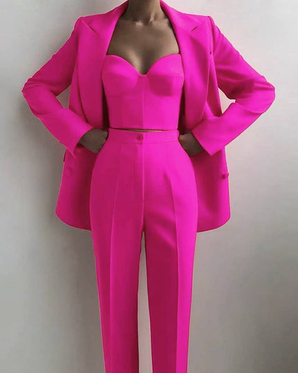 SET062(3) Chic Blazer Set: Elegant Top & Tailored Pants Rose Red