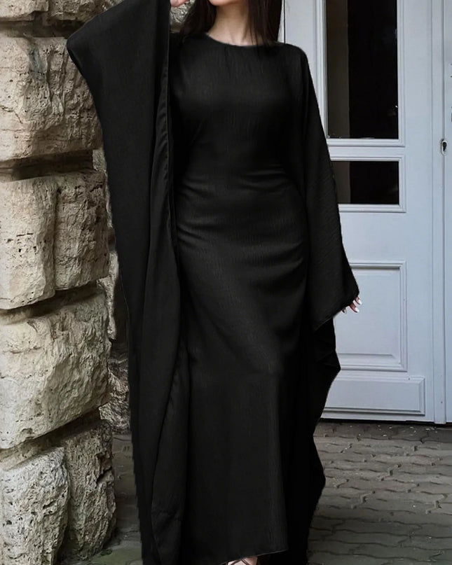 Round Neck Maxi Dress with Flowing Cape Sleeves Black