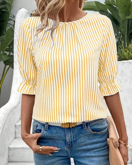 Striped Round Neck Half Sleeve Casual Blouse