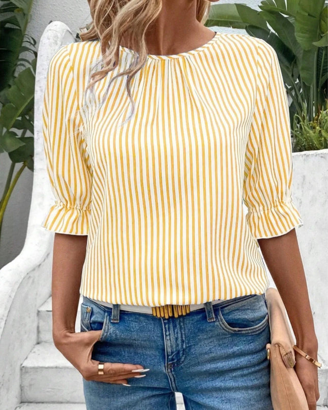 Striped Round Neck Half Sleeve Casual Blouse