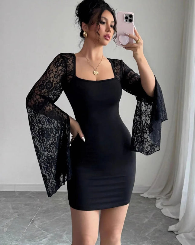 Square Neck Lace Bell Sleeve Bodycon Dress Black