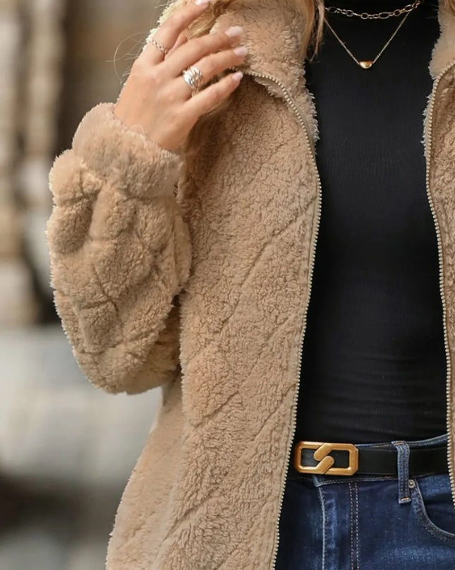 Fuzzy Pocketed Zip Up Jacket