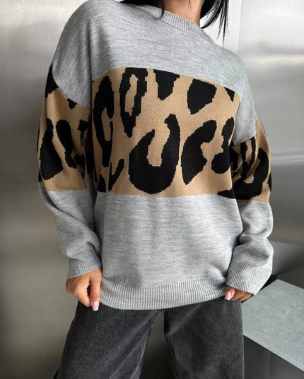 Leopard Color Block Round Neck Sweater Gray