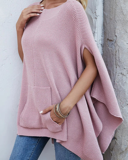Waffle-Knit Pocketed Cape Sleeve Sweater