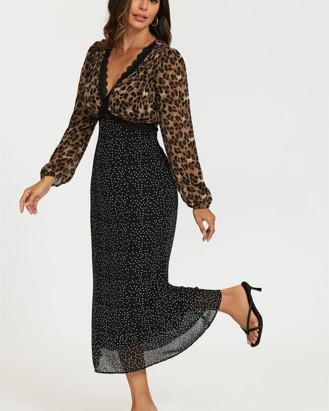 Black Dot & Brown Leopard Print Long Sleeve Maxi Dress