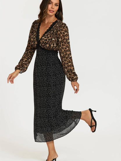 Black Dot & Brown Leopard Print Long Sleeve Maxi Dress