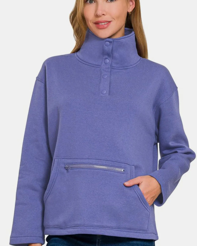 Zenana Turtleneck Half Snap Fleece Sweatshirt Blue Purple