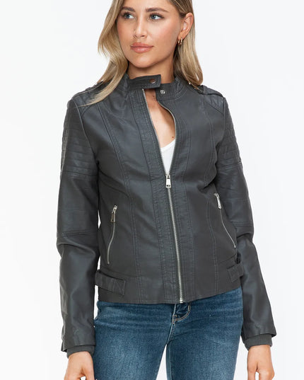Snobbish PU Leather Biker Jacket with Side Zip Pockets