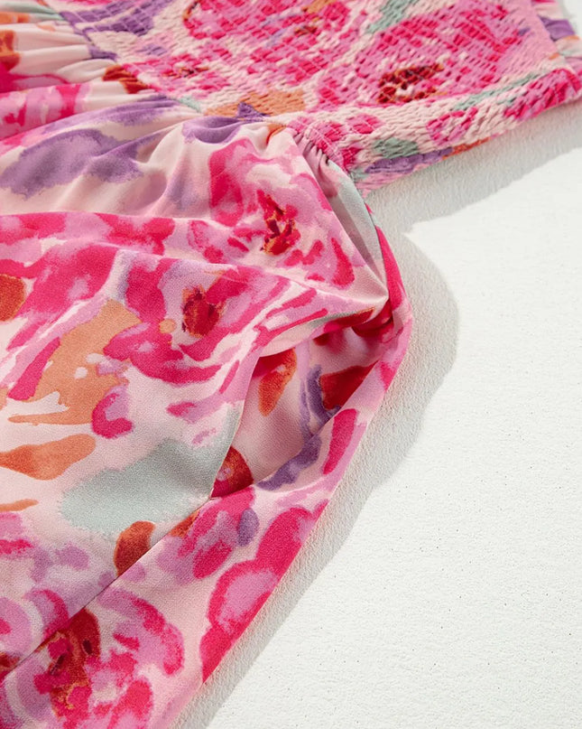 Floral Print Shirred One Shoulder Maxi Dress