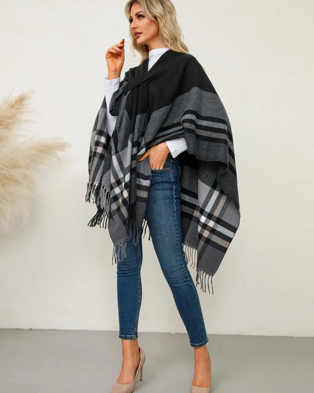 Fringe Contrast Plaid Poncho