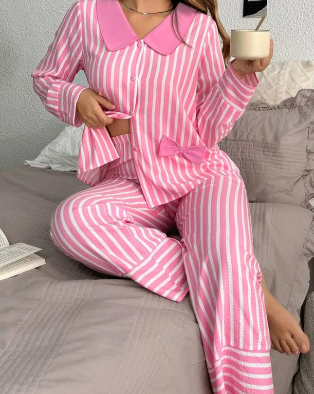Stripe Buttoned Front Long Sleeve Top and Pants 2 Piece Sleepwear Pink