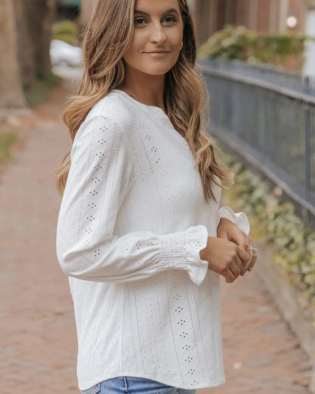 Openwork Notched Flounce Sleeve Blouse 