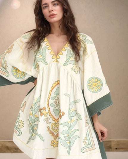 Printed V-Neck Kimono Sleeve Mini Dress Dark Green