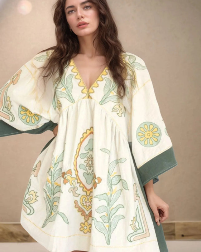Printed V-Neck Kimono Sleeve Mini Dress Dark Green