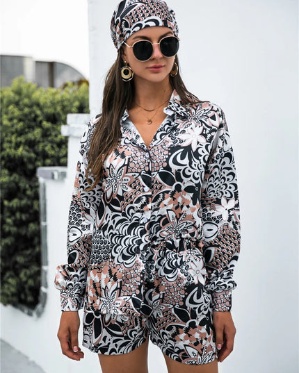 Printed Button Up Long Sleeve Shirt and Shorts Set