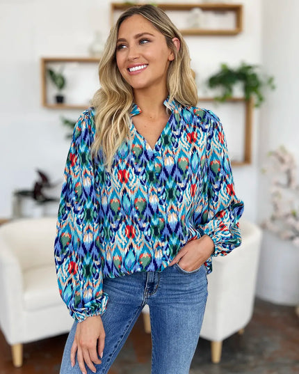 Double Take Full Size Printed Balloon Sleeve Blouse