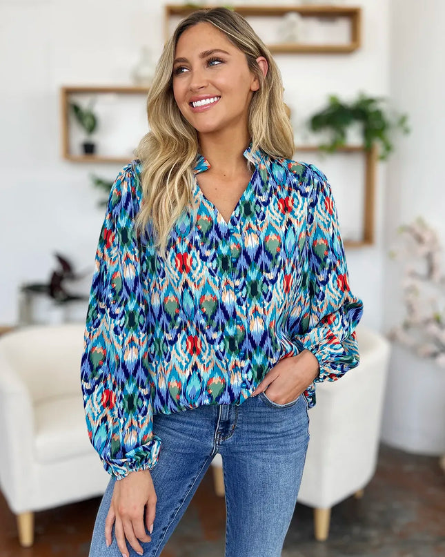 Double Take Full Size Printed Balloon Sleeve Blouse