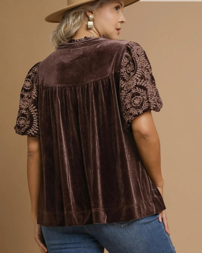 Umgee Full Size Velvet Embroidered Sleeve Blouse Plus Size