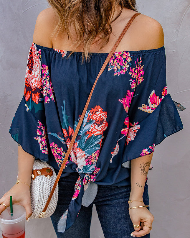 Printed Off-Shoulder Flounce Sleeve Top 