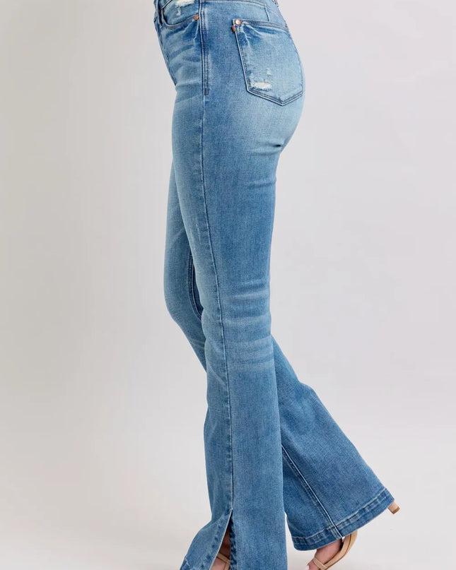 Judy Blue HW Tummy Control Vintage Wash Side Slit Slim Boot Jeans