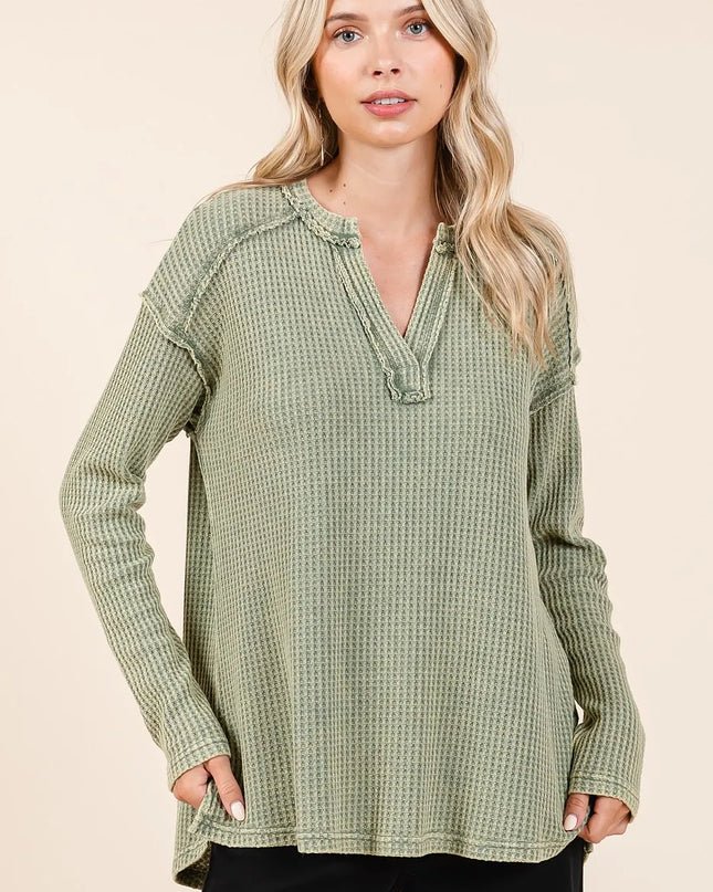 Mittoshop Mineral Wash Waffle Knit V-Neck Long Sleeve Top