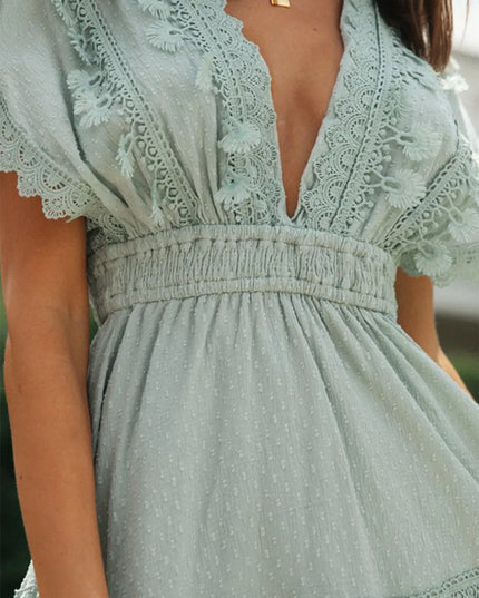 Lace Detail Plunge Short Sleeve Mini Dress