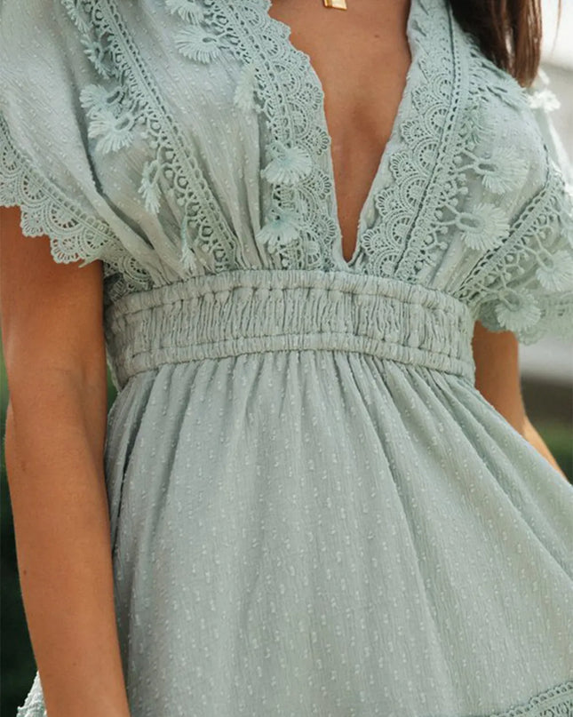 Lace Detail Plunge Short Sleeve Mini Dress