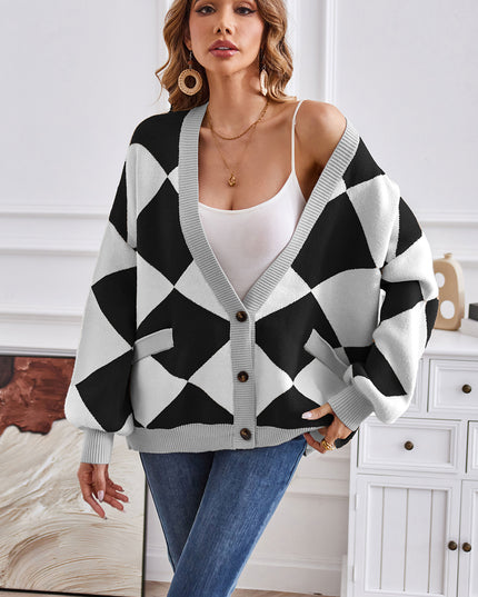 Geometric Lantern Sleeve Cardigan with Pockets