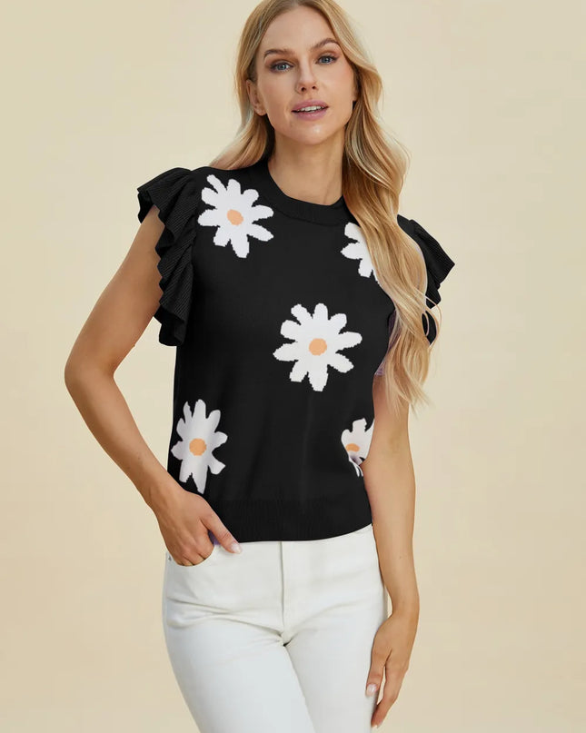 Double Take Full Size Ruffled Flower Round Neck Cap Sleeve Sweater