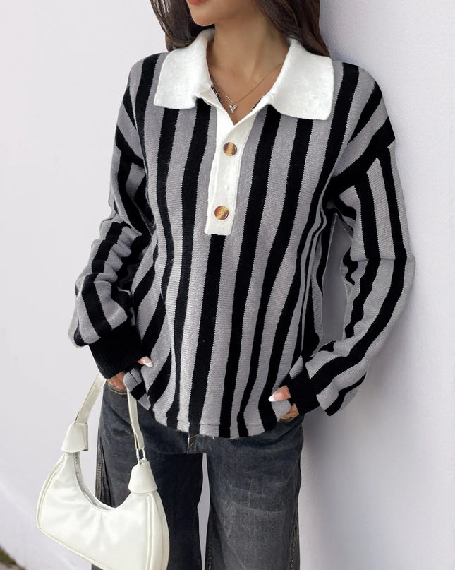 Striped Button Front Long Sleeve Sweater