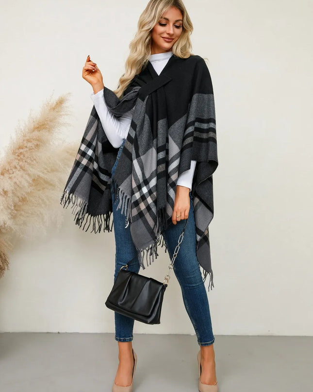 Fringe Contrast Plaid Poncho