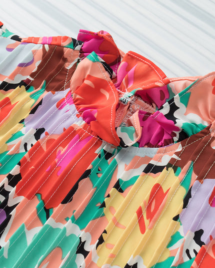 Multicolored Flutter Sleeve Mock Neck Blouse