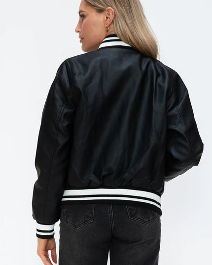 Love Me Now PU Leather Contrast Snap Down Bomber Jacket